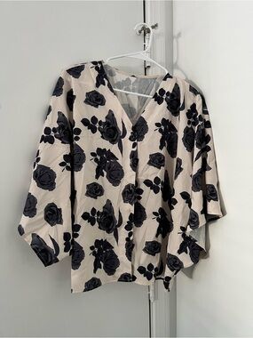 SHEIN Cream Button Down Blouse with Black Rose Print